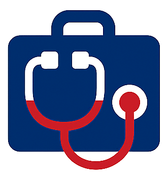 Blue medical kit icon with a stethoscope draped across it, symbolizing healthcare.